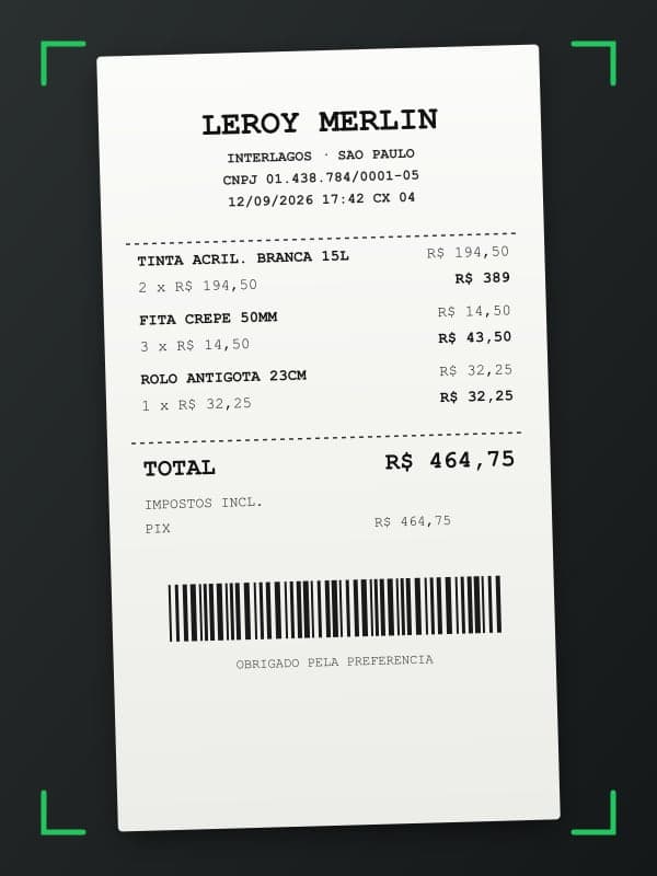 Foto do recibo dentro da moldura de digitalização