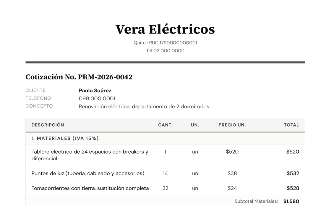 Presupuesto profesional creado en Prummo, enviado por WhatsApp