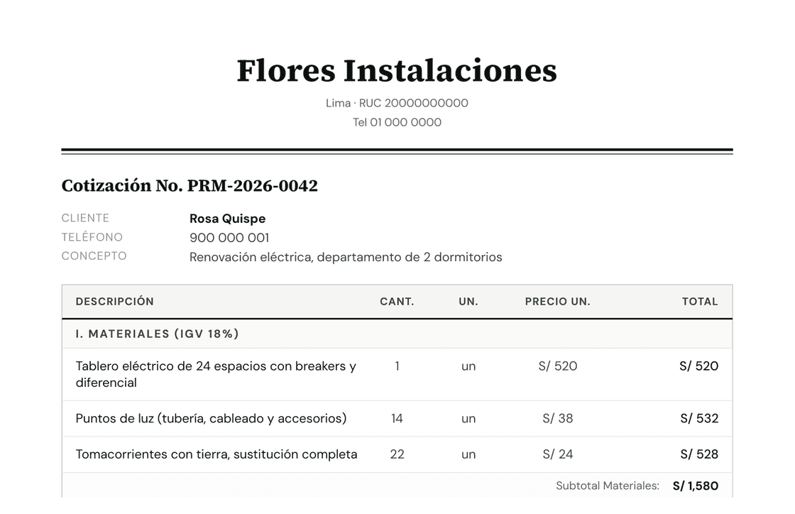 Presupuesto profesional creado en Prummo, enviado por WhatsApp