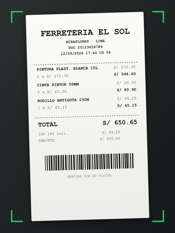 Foto del recibo dentro del marco de escaneo
