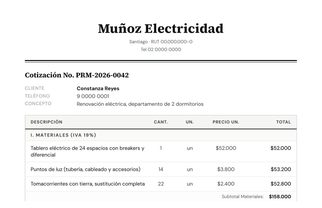 Presupuesto profesional creado en Prummo, enviado por WhatsApp