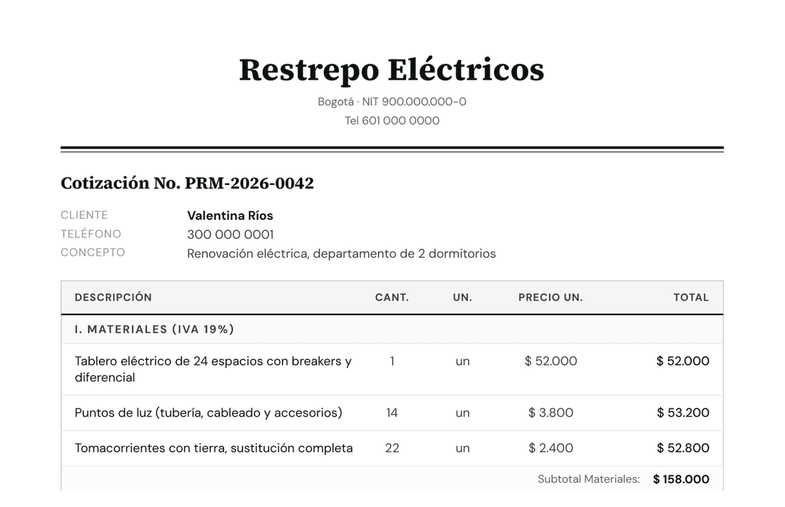 Presupuesto profesional creado en Prummo, enviado por WhatsApp