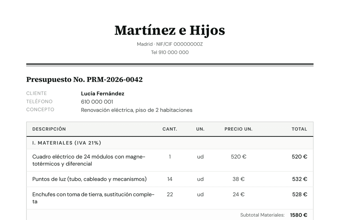 Presupuesto profesional creado en Prummo, enviado por WhatsApp
