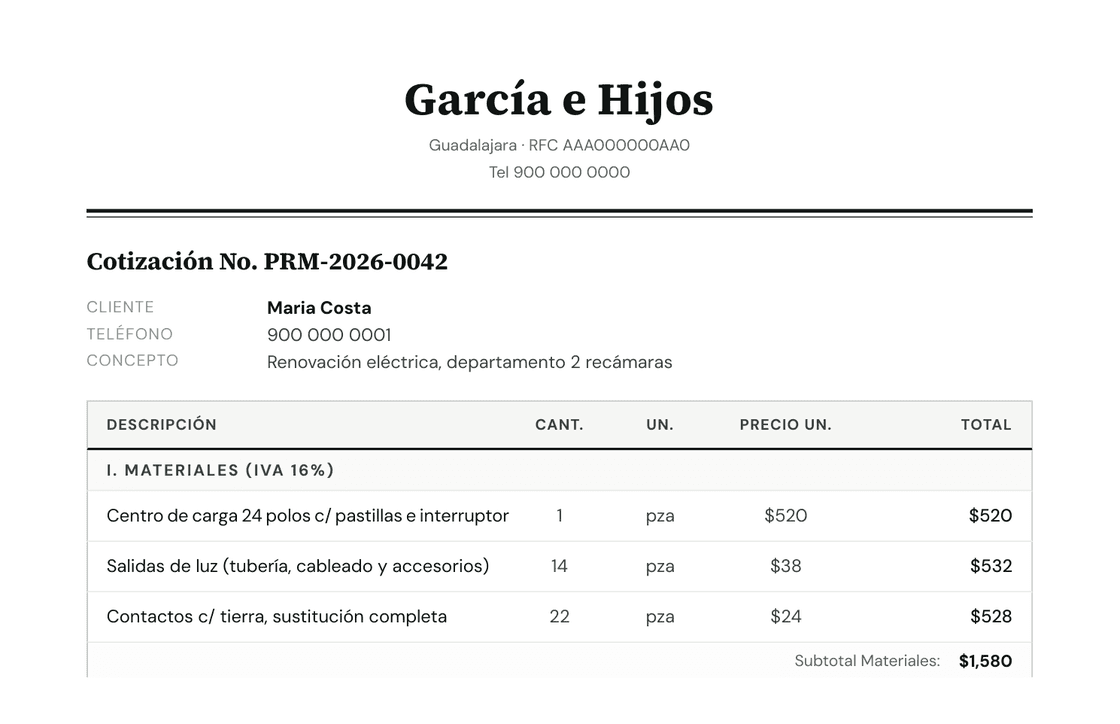 Presupuesto profesional creado en Prummo, enviado por WhatsApp