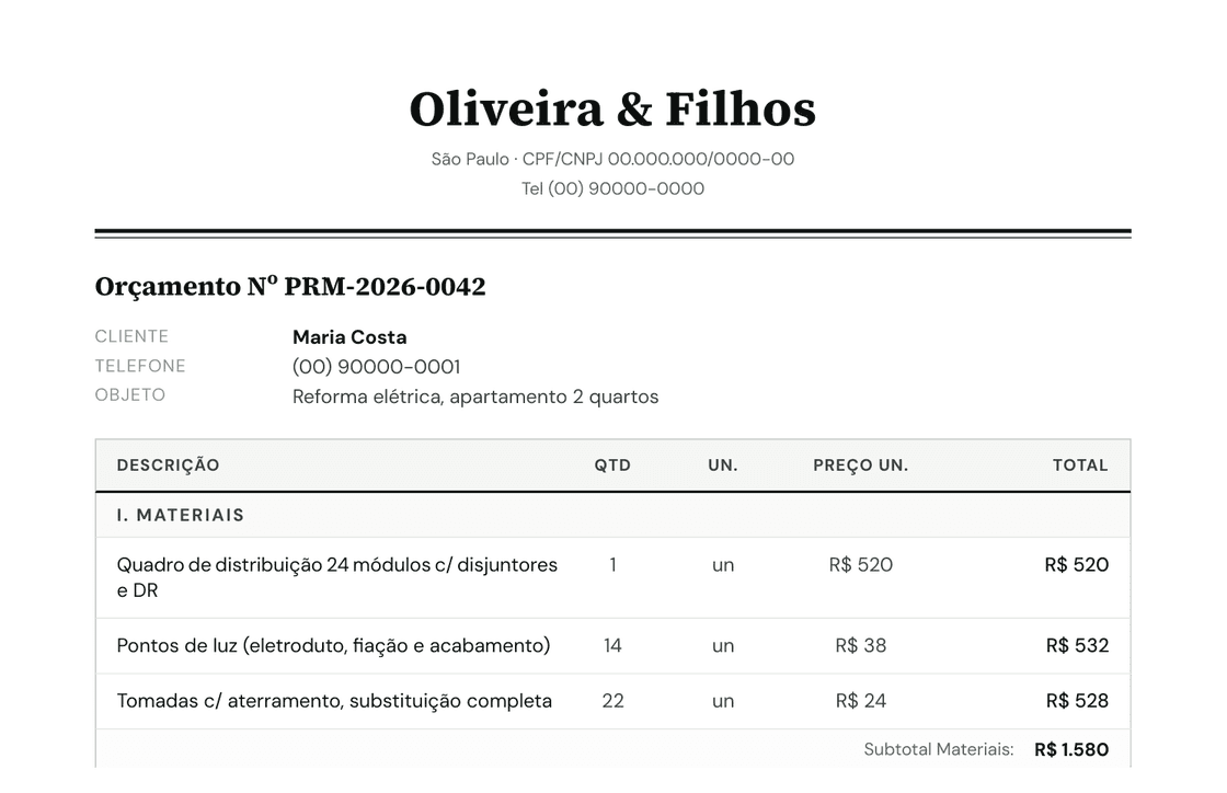 Orçamento profissional criado no Prummo, enviado pelo WhatsApp
