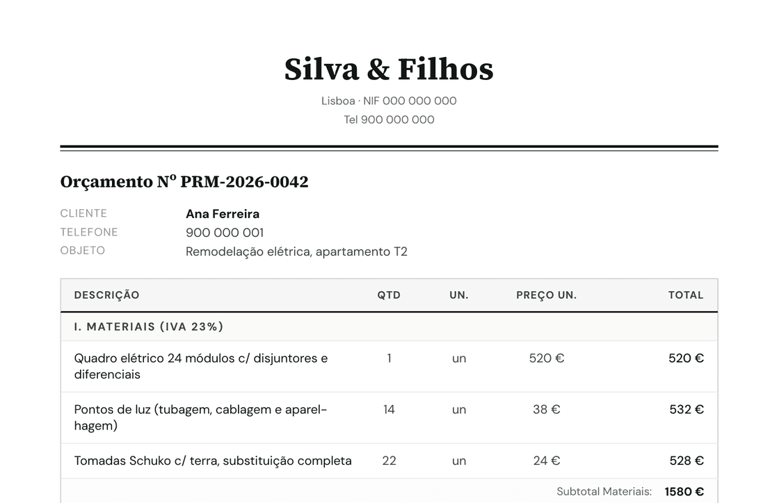 Orçamento profissional criado no Prummo, enviado pelo WhatsApp