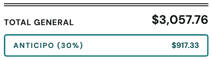 Total del presupuesto con anticipo del 30%