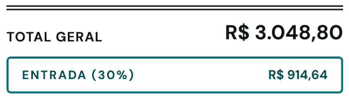 Total do orçamento com entrada de 30%